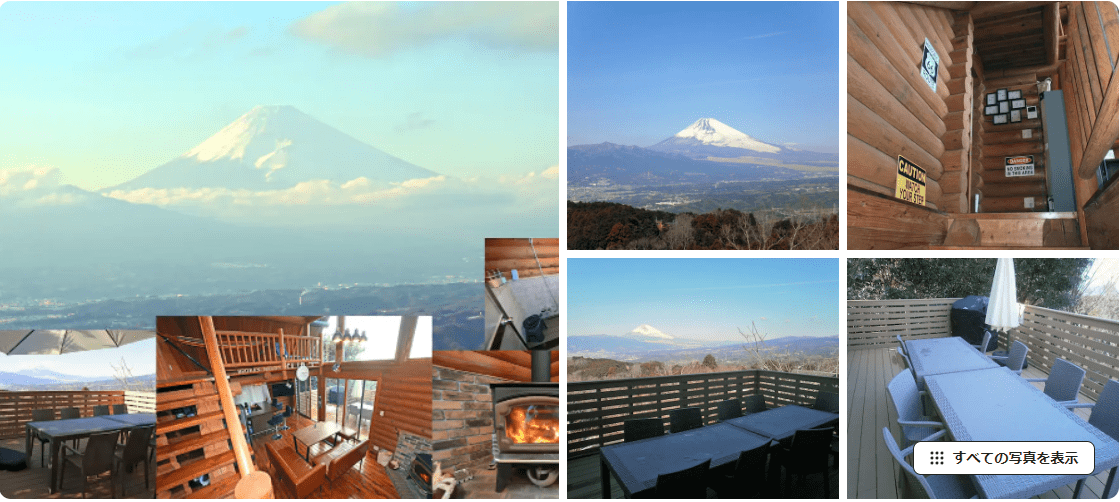 富士山をスカイデッキから望むアメリカンスタイルのログハウス